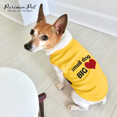Parisian Pet Dog T-Shirt - “Small Dog Big Heart” Embroidered, 100% Cotton, Sleeveless Vest for Small Dogs, Size S