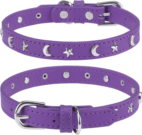 Adjustable Leather Dog Collar for Small Medium Dogs, Star Moon Rivet Studded with Rust-Proof Metal Buckle, XS S