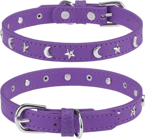 Adjustable Leather Dog Collar for Small Medium Dogs, Star Moon Rivet Studded with Rust-Proof Metal Buckle, XS S
