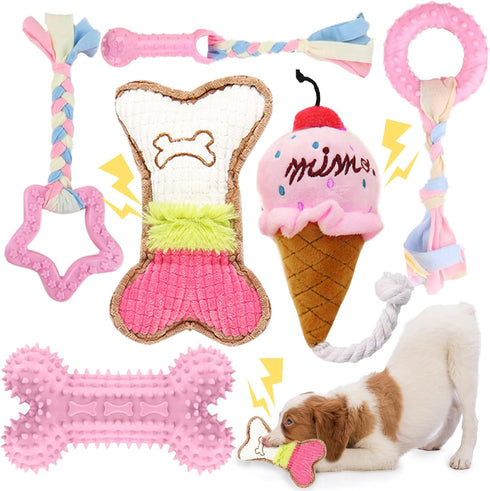 BAEJMJK 6 Pack Puppy Teething Toys, Pink Small Breed Chew Toys with Rope, Soft Rubber Set