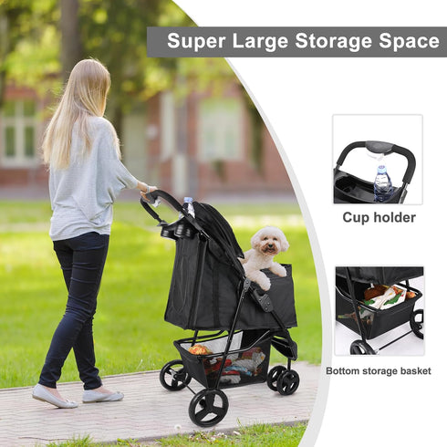 AESRAOU 3 Pet Stroller Foldable Cats/Dogs Stroller with Storage Basket and Cup Holder Wheels Dog Cat Carrier Strolling
