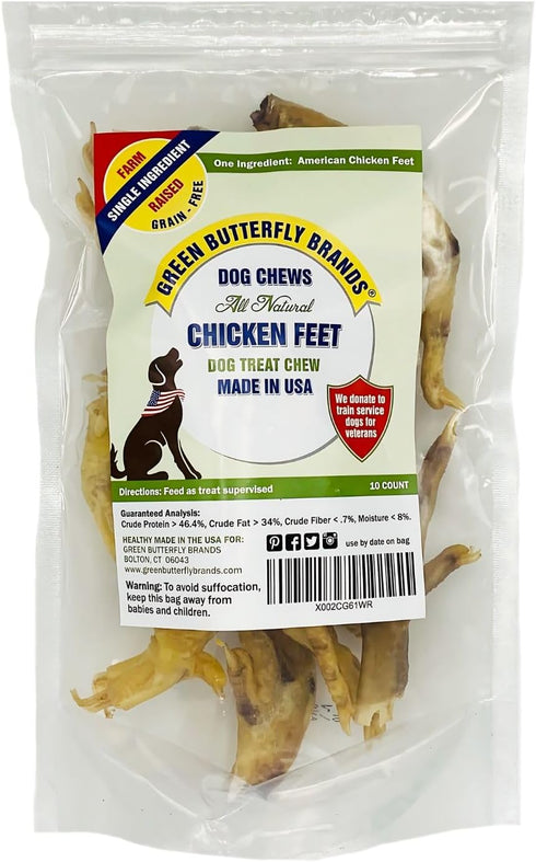 Green Butterfly Chicken Feet Dog Treats - 100% All Natural Dental Chews, Made in USA, 10 Pack, Rich in Glucosamine