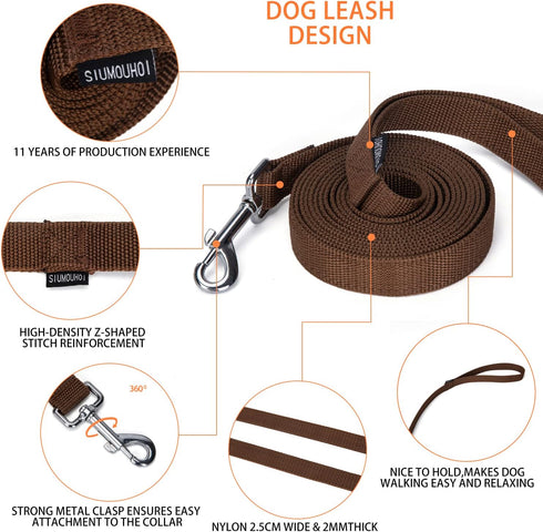 Strong Durable Nylon Dog Training Leash, 1 Inch Wide Traction Rope, 6 ft 10ft 15ft for Small Medium Dogs (Brown)