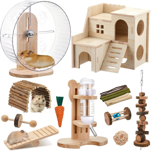Sonwyoung 18 Pcs Hamster Cage Accessories, Silent Hamster Wheel, 15 Chew Toys Set,