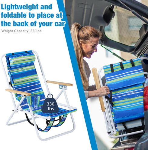 WENLIN 2 Pack,Portable Backpack (1PcsStripes) Beach Chairs for Adults Folding Beach Chair with Headrest Cup Holder