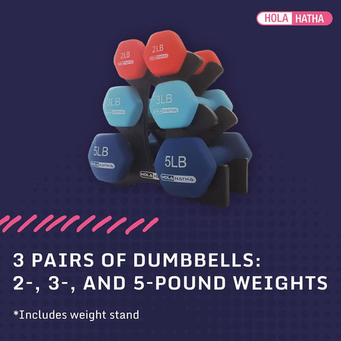 HolaHatha Neoprene Dumbbell Set - 2, 3, 5, 8, and 10 Pound Free Hand Weights with Rack for Home Exercises, Pastel