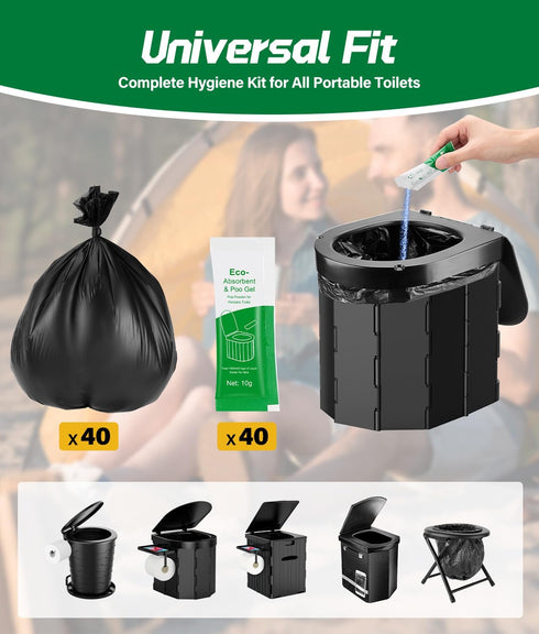 40 PACK Set, 12 Portable Toilet Bags Poo Gel Gallon Camping Toilet Bag with Eco Super Absorbent Power, Emergency Poo