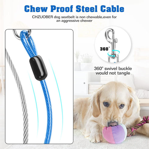 Chew Proof Dog Car Seat Belt, 2 in 1 Steel Cable Dog Car Accessories Headrest Restraint Dog Seat Belt for Medium Large Dogs Chewer Heavy Duty Dog Seatbelt for Cars Swivel Attach