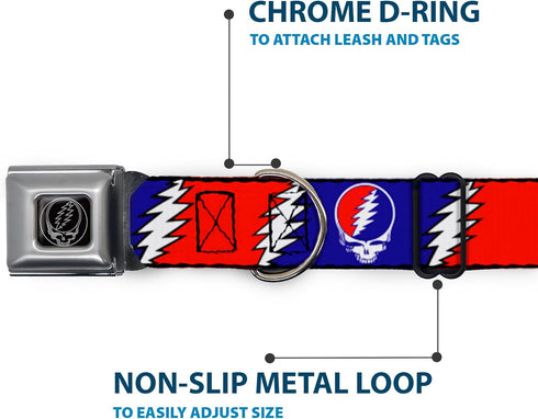 Dog Collar Seatbelt Buckle, Steal Your Face Lightning Bolt Repeat, Red White Blue, 18 to 32 Inches, 1.5 Inch Wide