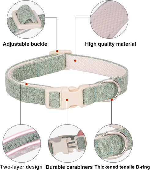 Cotton Hemp Dog Collar with Leash, Soft Adjustable Dog Collars with Plastic Safety Buckle, Heavy Duty Pet Collar for