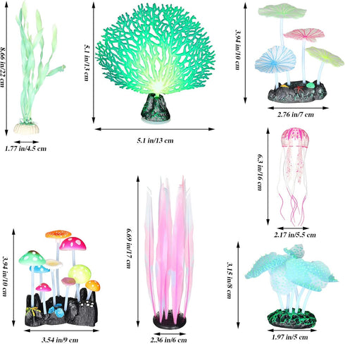 Frienda 8 Pieces Glowing Fish Tank Decorations - Plants with Glowing Kelp, Sea Anemone, Coral, Jellyfish & More