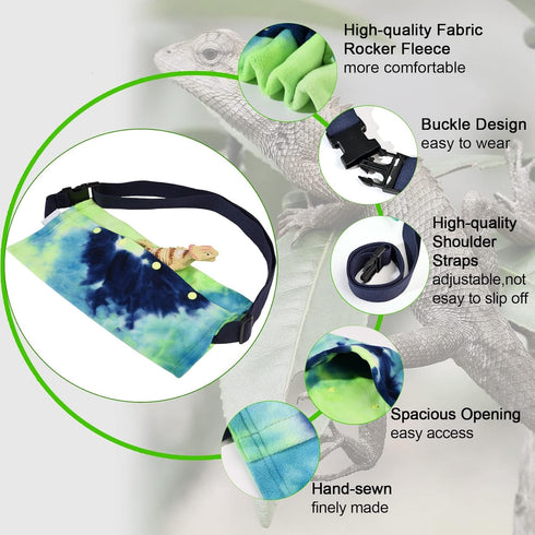 Small Animal Sling Carrier for Bearded Dragons, Lizard Carrier with Adjustable Strap (Blue-Green)