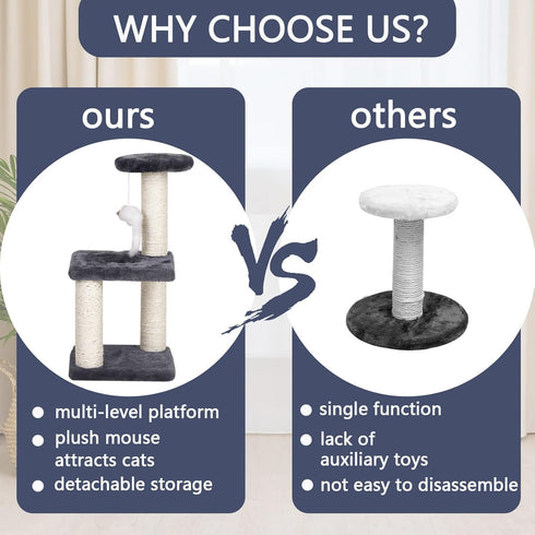 Small Cat Tree with Sisal Scratching Pole, Interactive Toy, Easy Installation Cat Tower for Indoor Cats