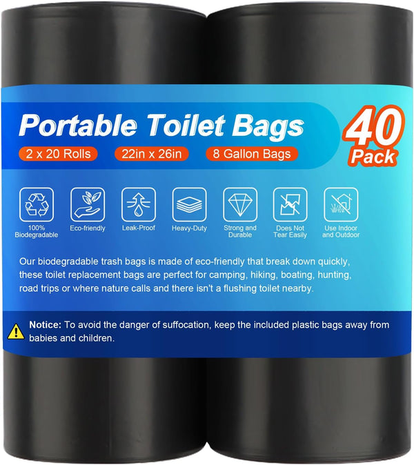 40 Portable Camping Toilet Bags, Biodegradable Compostable Thickened for 5 Gallon Bucket