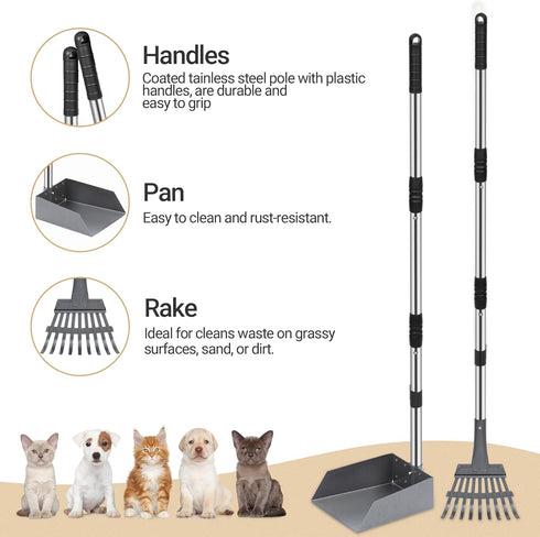 Set, Heeyoo Dog Pooper Scooper, Dog Poop Tray and Rake Pet Waste Removal Scoop with Long Adjustable Sectional Stainless