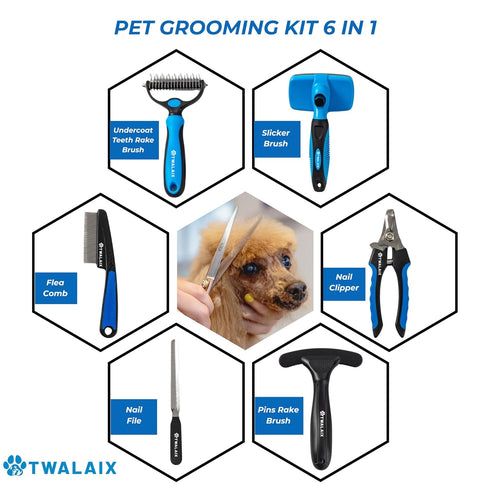 6 1 in Pet Grooming Kit for Dogs & Cats - Deshedding Brush, Undercoat Rake, Slicker Brush, Nail Clipper, Nail File