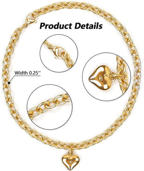 Dog Collar and Cat Chain Necklace, Stainless Steel Adjustable 18K Gold Heart-Shaped Necklace for Small Pets, Gold, 7