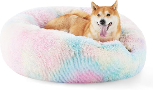 Bedsure Calming Dog Bed for Medium Dogs, Donut Washable Plush Faux Fur Cat Bed - Multi-Colored, 30 inches