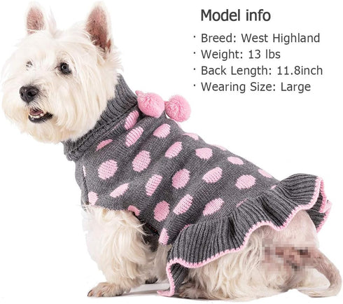KYEESE Turtleneck Dog Sweater Dress for Small Dogs, Polka Dot Knit Pullover with Leash Hole, Warm Pet Sweater