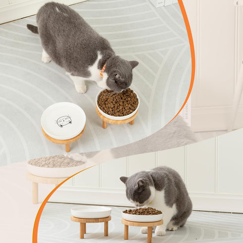 Shallow Elevated Cat Bowls, 5.9 Inch Wide Raised Ceramic Dishes with Bamboo Stand, Whisker Friendly Feeding Station,