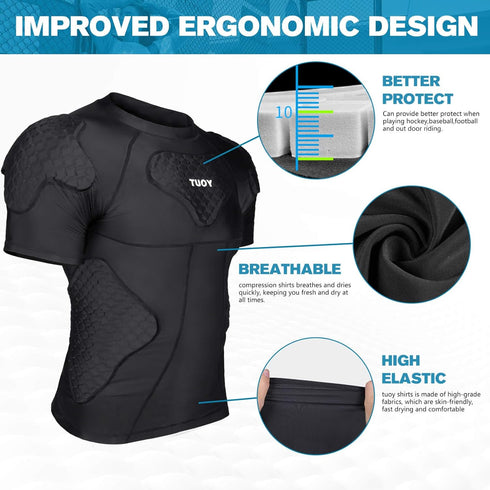 TUOY New Football Rib Chest Protector Shirt | Padded Compression Shirts with 6 Pads, Adult Sizes