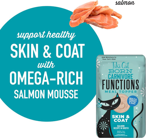 Tiki Cat Born Carnivore Skin & Coat, Salmon Recipe in Broth, Omega-3 and Biotin, Mousse Cat Food Topper, 1.5 oz. Pouch