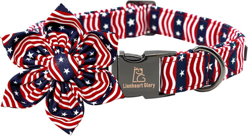 Lionheart Glory Adjustable American Flag Dog Collar, Heavy Duty Patriotic Flower Collar for Small Dogs