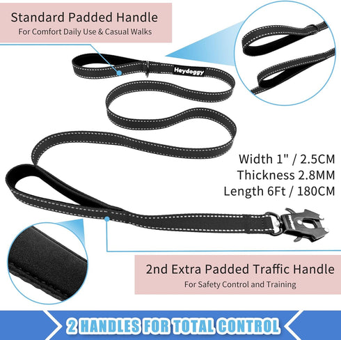 Strong Heavy Duty Dog Leash - 6ft Reflective Nylon Training Leash with Soft Padded Double Handle for No Pull Walks