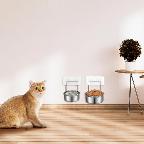 2 Pcs Small Wall Mounted Cat Bowls, Elevated Hanging Puppy Food and Water Bowls, Stainless Steel Non-Spill Kitten