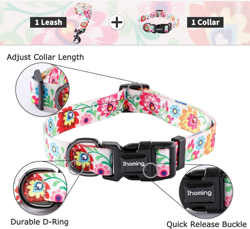 Ihoming Puppy Collar and Leash Set for Daily Outdoor Walking, White Colorful Flowers Design for Extra Small Dogs Cats