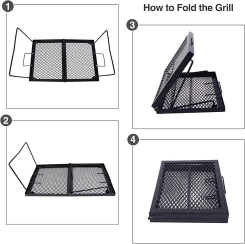 Portable Heavy Duty Steel Folding Campfire Grill Grate for Outdoor Cooking Fire Pit, Black Folded in Half