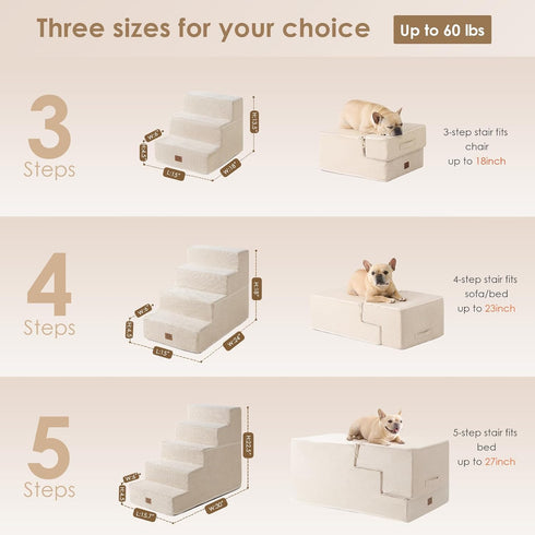 EHEYCIGA 3-Step Dog Stairs for Small Dogs, 13.5" H Non-Slip Indoor Ramp for Couch and Chair, Beige