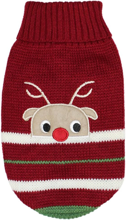 Parisian Pet Dog Sweaters, Red Turtle Neck Reindeer Cable Knit Dog Sweater, XS