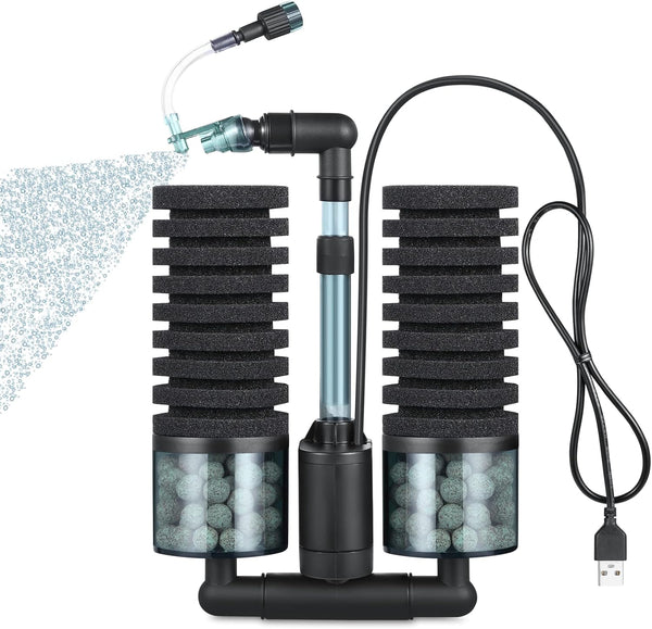 QANVEE Aquarium Sponge Filter Bubbler with Ultra Quiet Water Pump and Ceramic Balls
