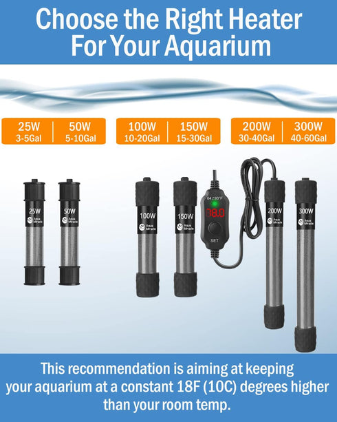 AquaMiracle 25W Adjustable Submersible Aquarium Heater with LED Digital Display, for 3-5 Gallon Tanks