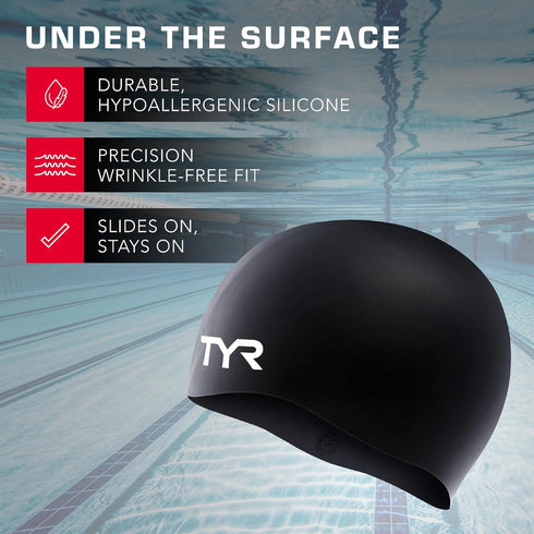 TYR Adult Silicone Swim Cap for Drag Reduction and Hair Protection