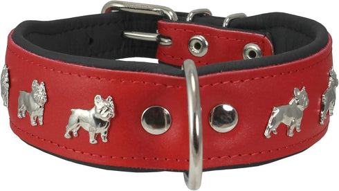 Real Leather Soft Padded Dog Collar for Bulldog (15"-17.5" Neck; 1.75" Wide, Red/Black)