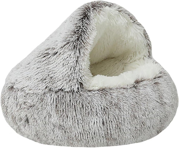 Dog Cave Bed for Small Dogs Cats, Anti-Anxiety Calming Plush Bed, Fluffy Covered Hooded Cozy Burrow, Washable,