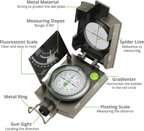 IP65 Proster Compass Hiking Survival - Lensatic Sighting Compass for Camping Navigation, Compass with Clinometer