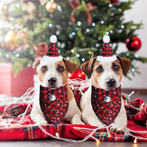 STMK Christmas Snowflake Dog Bandana Costume, Classic Plaid Scarf Hat Bow Tie with Bell Decoration for Pets