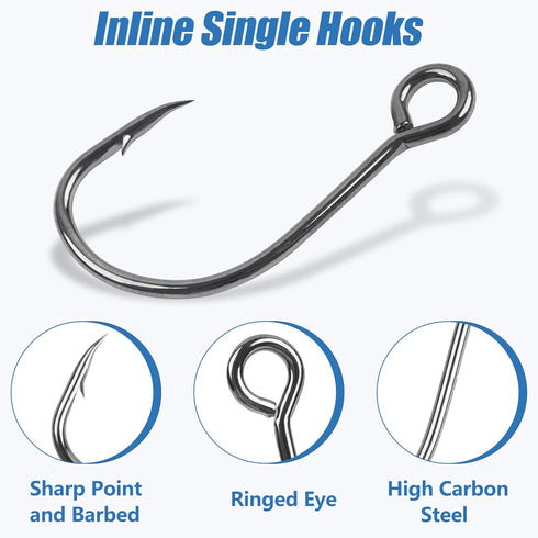 60pcs/Box #4#2# 1# 1/0 2/0 Fishing Inline Single Hooks - Single Replacement Hooks for Fishing Baits Lures Plugs Large