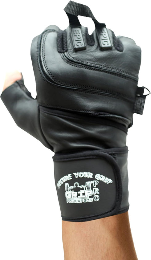 2" 7"- 7 1/2") Epic Leather Gym Gloves with Built in Wide Wrist Wraps Best Grip & Design for Weightlifting Power