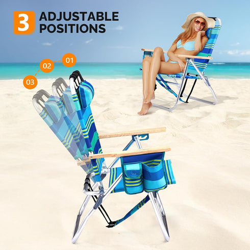 13" Backpack 3-Position VINGLI Aluminum Beach Chair Tall Beach Chairs for Adults, Portable with Adjustable Straps