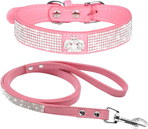 Cute Dazzling Sparkling Soft Suede Leather Bling Rhinestone Pet Collar and Dog Leash Combo Set, L Pink