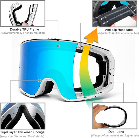 SPOSUNE Ski Goggles Over Glasses, Anti-fog Anti-UV Snow Goggles for Men, Women, Youth Skiing
