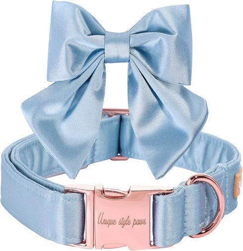 Unique Style Paws Silk Blue Dog Collar, Adjustable Durable Collar with Bowtie for Medium Dogs