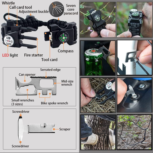 Survival Paracord Bracelet, 20 in 1 Outdoor Tactical Gear Set with Fire Starter, Waterproof SOS Light, Compass,