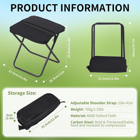 265 Lbs,Black Foldable Camping Stool, Portable Collapsible Chair for Adults, Folding Telescopic Stool with Carry Bag