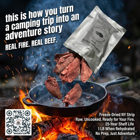 4 5 oz 25 Backpackers, 1 LBS. | Freeze-Dried NY Steaks | Total Freeze-Dried Weight | Thin Cut | Year Shelf Life | USA
