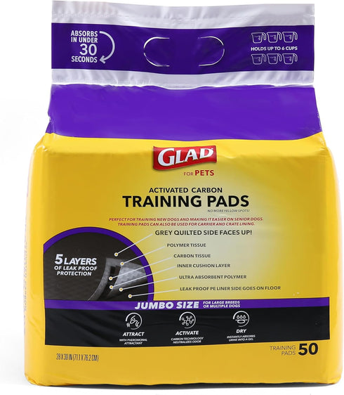 Glad for Pets Activated Carbon Dog Training Pads - Absorbent Large Disposable Pee Pads, 50 Count, 28" x 30"